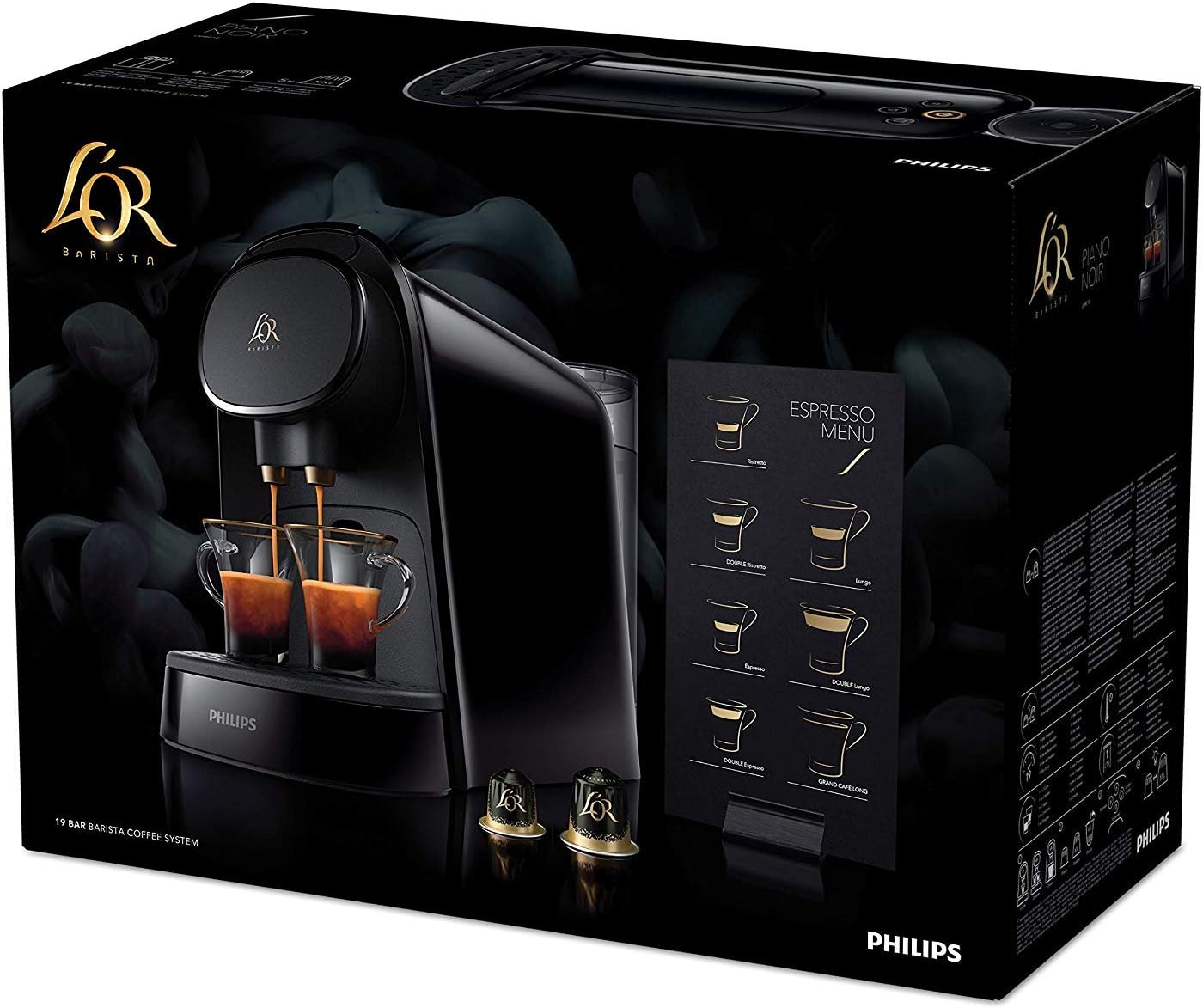 Pack Philips L'OR Barista LM8012/60 - Cafetera compatible con cápsula  individual/doble, 19 bares presión, depósito 1L, color negro + L'Or  Ristretto 5 paquetes 10 cápsulas : Amazon.es: Hogar y cocina