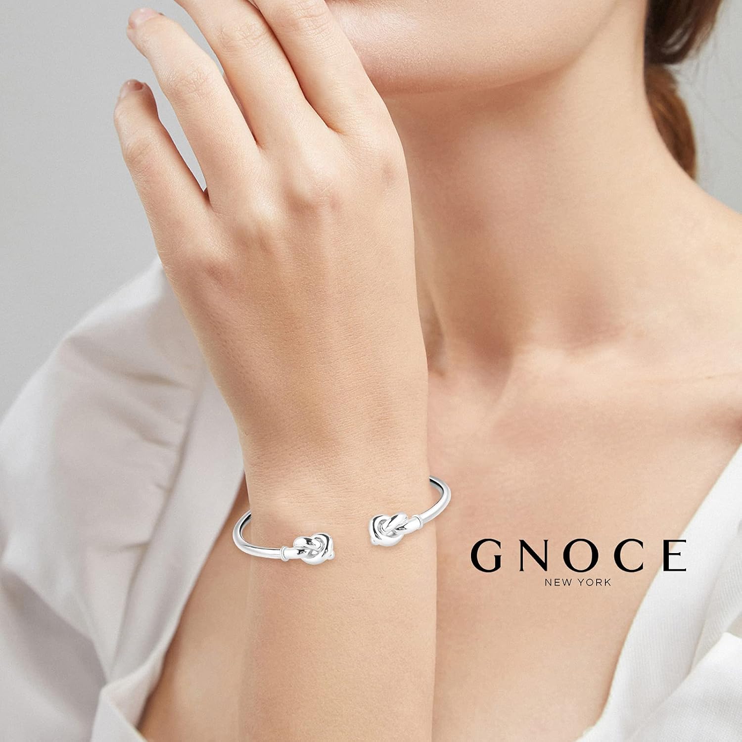 GNOCE "Fall In Love" 925 Sterling Silver Bangle Double Knot Design Basic Bracelet for Women (8.3)