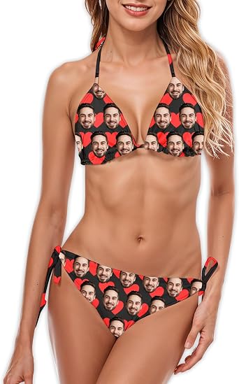 Custom Bathing Suit with Face for Women Personalized Swimsuits with Photo Funny Two Piece Bikini Set for Summer Beach Pool