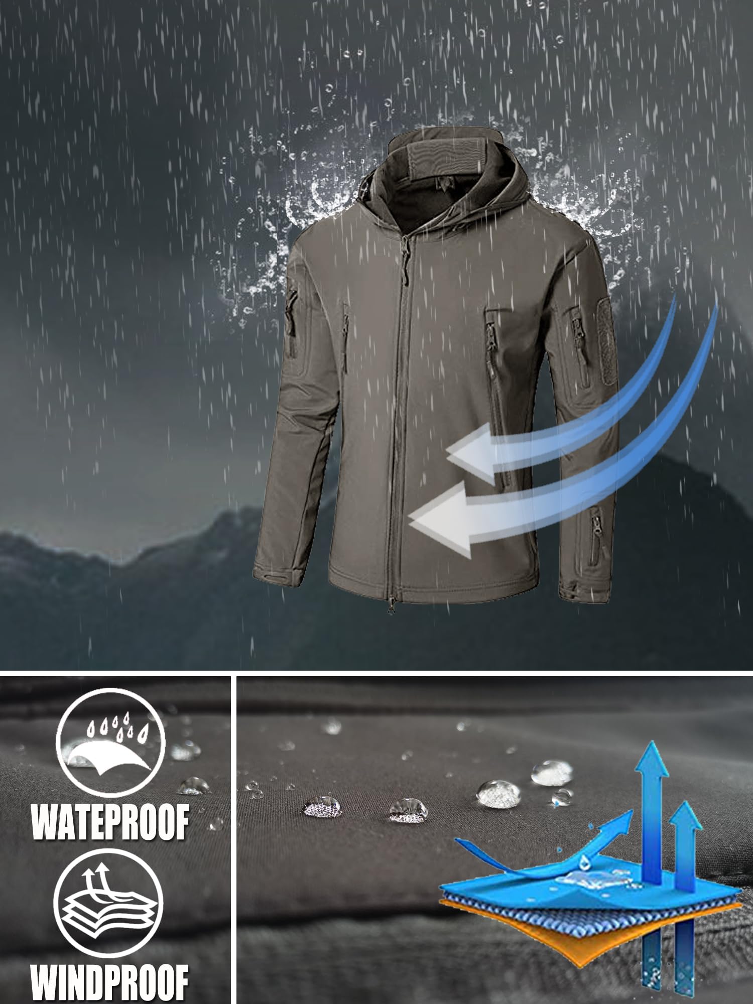Kelmon Uomo Tattico Softshell Giacca Multifunzionale Outdoor Camouflage Militare Pile Fodera Impermeabile Antivento Calda Cappuccio Cappotto