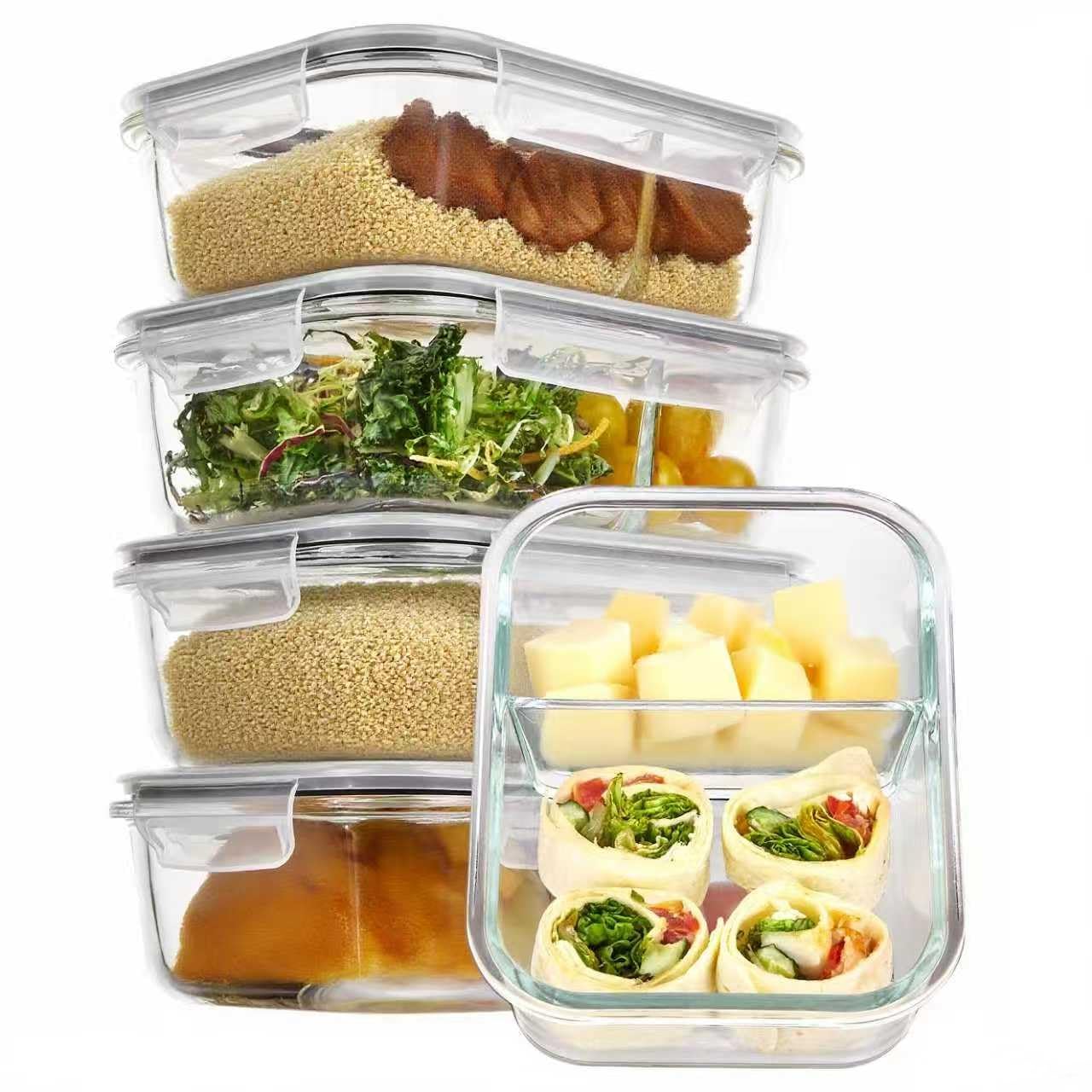 5 Pack 33oz Glass Meal Prep Containers with Snap Locking Lids, 2 Compartments Food Storage Containers for Microwave, Oven, Fridge and Dishwasher