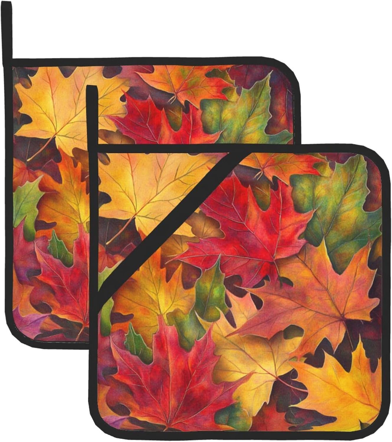 Colorful Maple Leaves Fall Pot Holders Set of 2 Kitchen Decorative Heat Resistant Potholder Cotton Lining Oven Hot Pads for Cooking Baking Microwave Oven End Dishes BBQ Holiday Decors