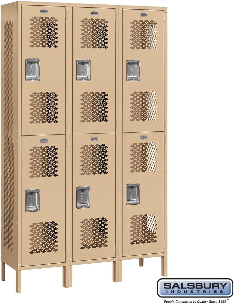 Salsbury Industries Assembled 2-Tier Extra Wide Vented Metal Locker with Three Wide Storage Units, 6-Feet High by 15-Inch Deep, Gray