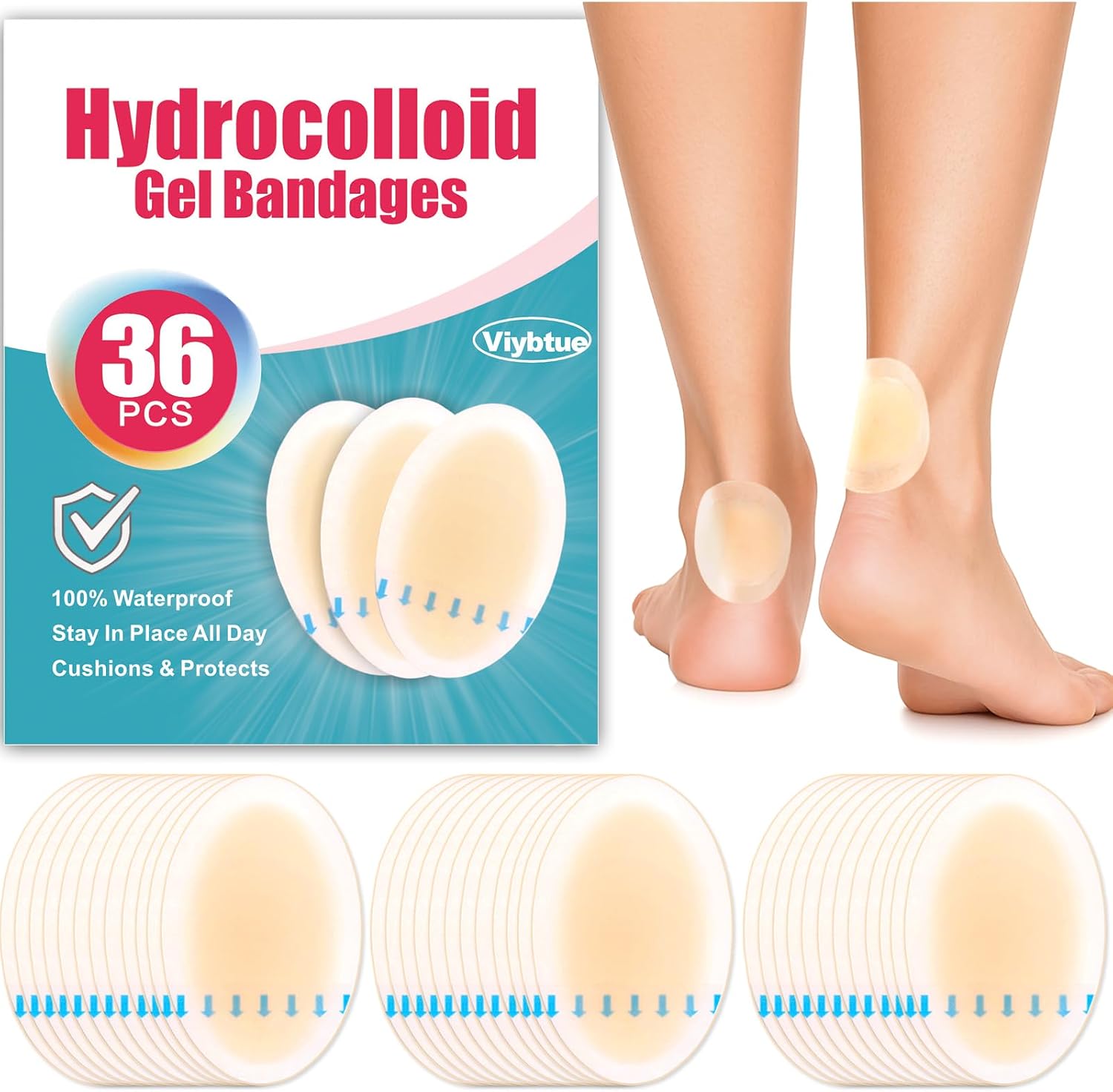 36PCS Hydrocolloid Blister Bandages – Blister Prevention & Recovery – Waterproof Blister Pads & Blister Cushions for Heel, Toe & Foot, Ellipse Heel Pack