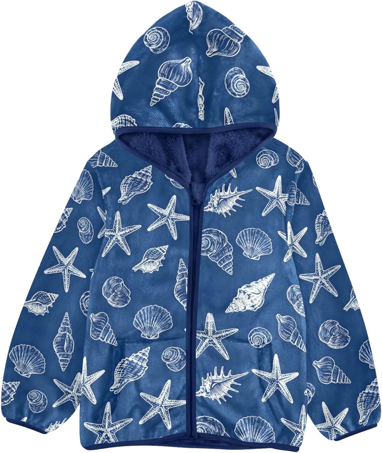 Ocean Sea Shell starfishes Pattern Toddlers Jackets Children Winter Coat Navy Blue Baby Boy Zipper Hoodie