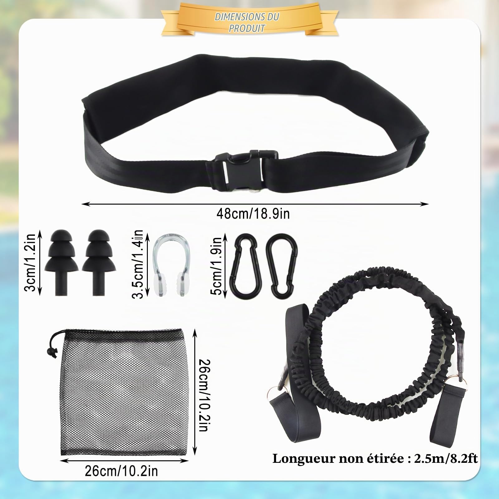 Ceinture de Natation pour Piscine, SilverChry 2.5~7.5M élastique pour Nage Piscine, Sangle Natation Piscine, élastique Résistance Natation, pour l'entraînement à la Résistance, la Vitesse