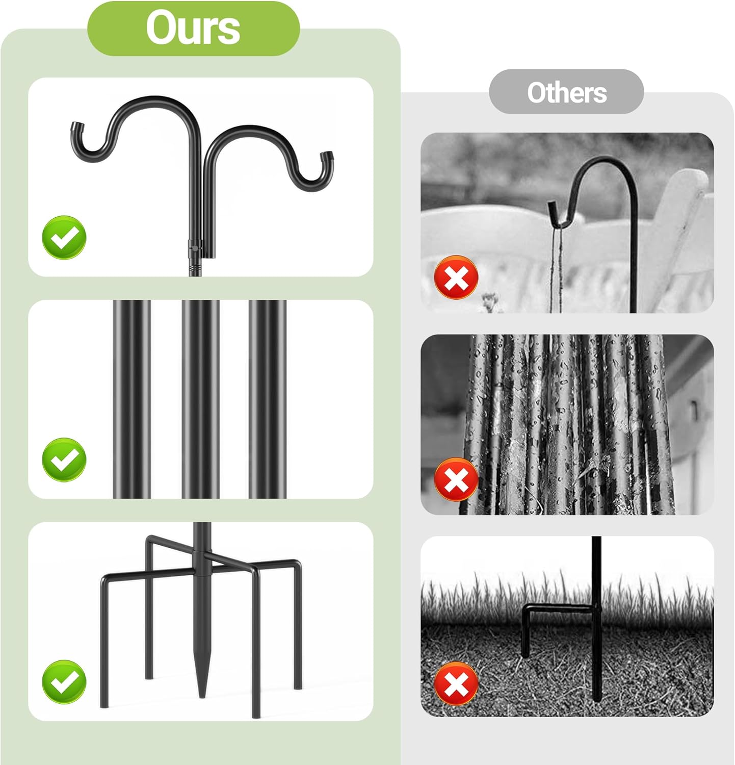 Double Shepherds Hooks for Outdoor,92"" Heavy Duty Bird Feeder Pole with 5 Prong Base, Adjustable Shepherds Hook for Bird feeders Outside, Garden, Weddings, Hanging Plants, 2 Pack