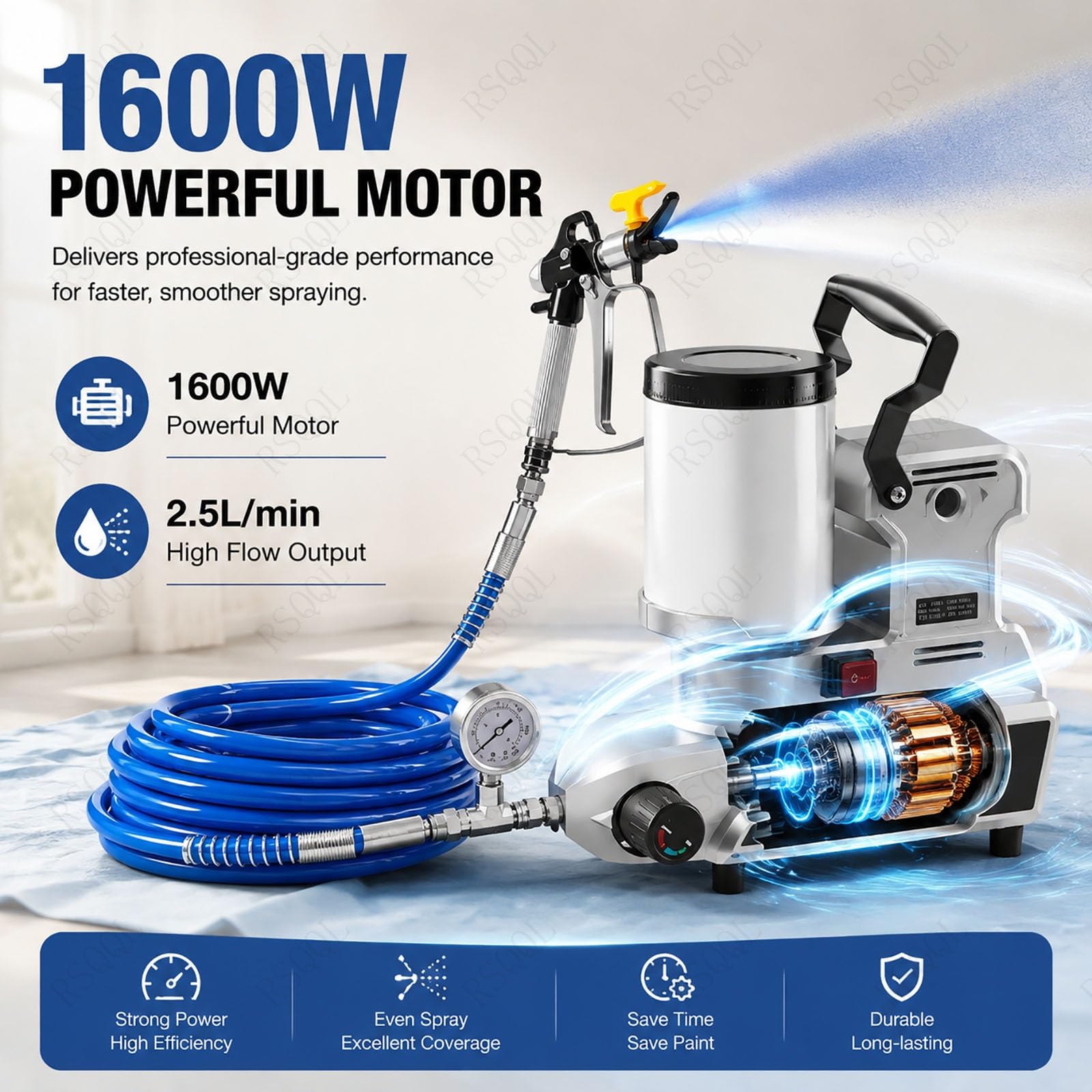 Pulverizador Airless Profesional de 1600 W, 0-850 RPM, con Tanque de 2 L y Manguera de Alta Presión, Caudal de 2500 ml/min, Uso doméstico