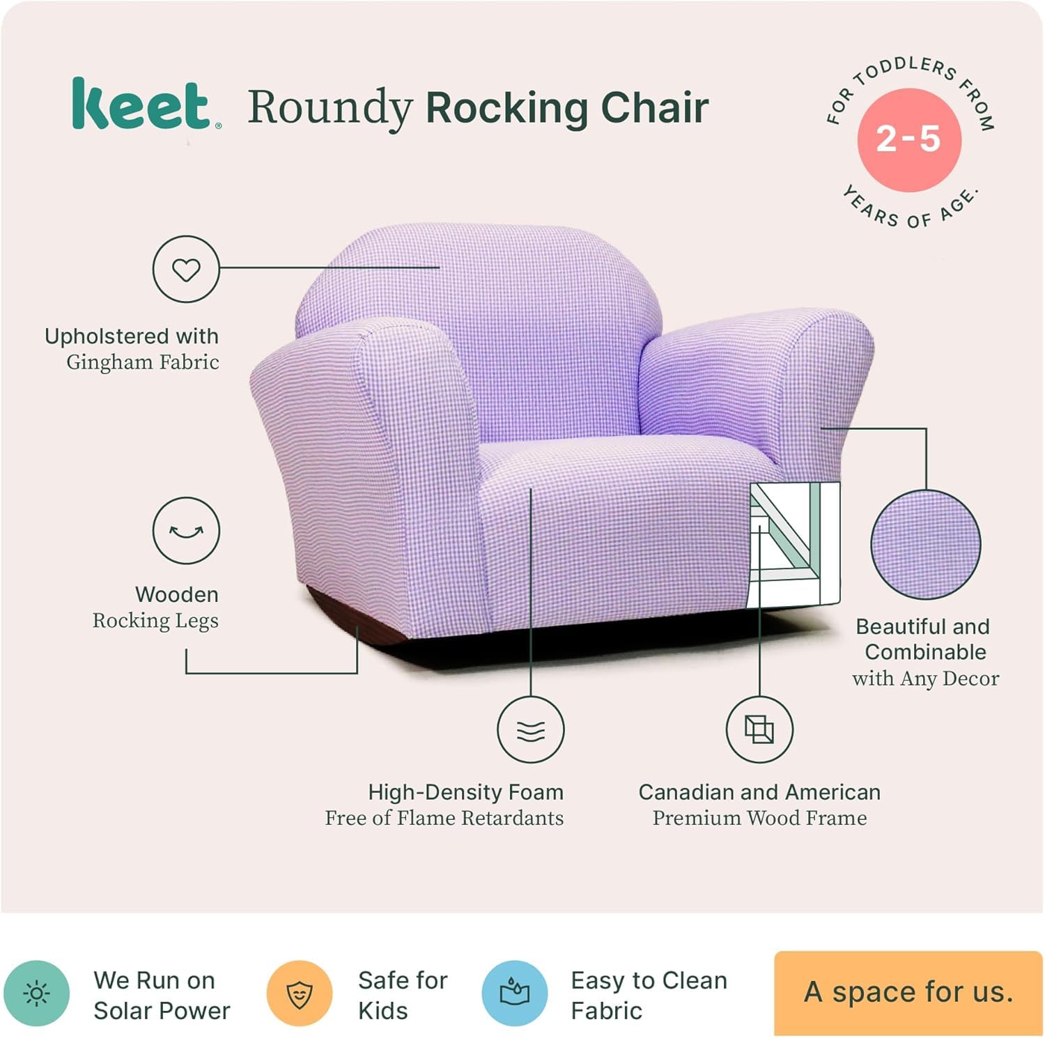 Gingham Rocking Chair for Kids – Soft Microsuede Upholstery, Sturdy Wooden Frame, Ergonomic Padded Seat, Smooth Rocking Motion, Easy to Clean, Ages 2–5, Perfect for Bedrooms & Playrooms.
