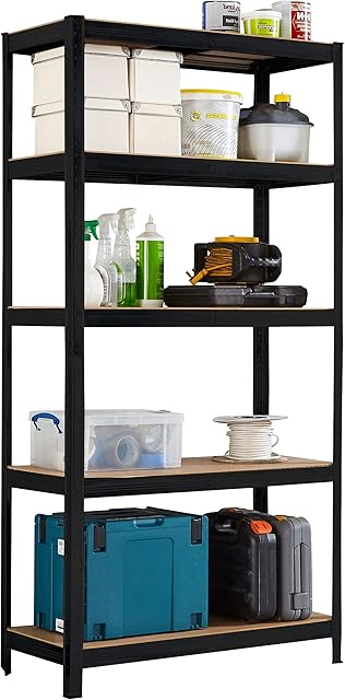 Neo 5 Tier Large Tall Steel Heavy Duty Garage Shed Pantry Standing Metal Shelving Racking Rack Unit Storage Organiser Racks 180x90x41 (Black)