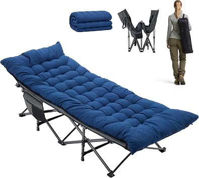Camping Cot for Adults, Heavy-Duty Portable Cot Bed with Mattress, Foldable Padded Sleeping Cots for Camping Travel Tent Day Bed Outdoor & Home Guest, 3.5 Cushion, 440 lbs Sturdy Frame, Blue