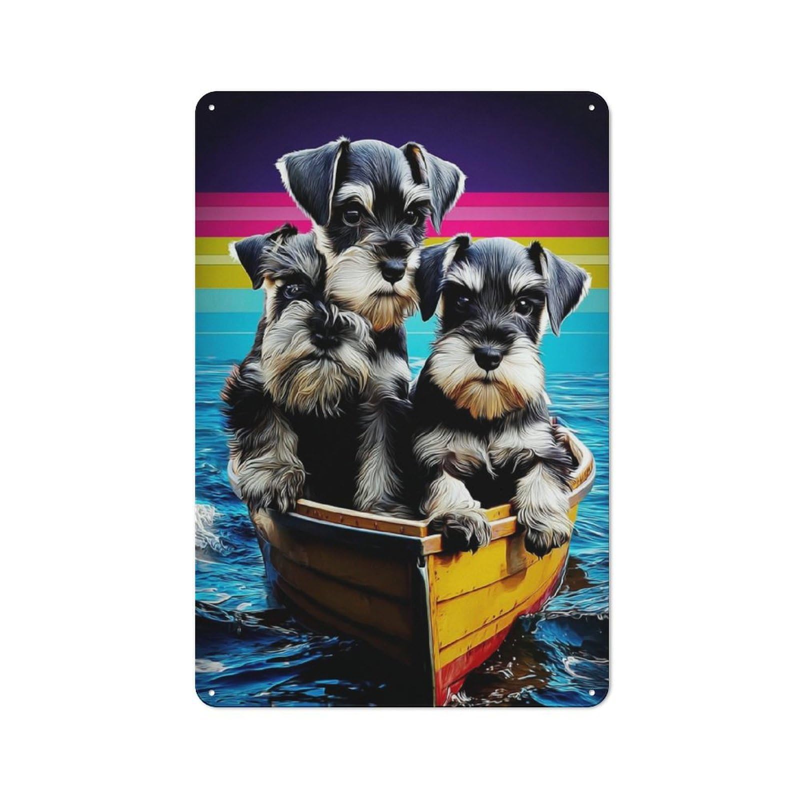 Junmoney Three Puppies In A Boat Adventure Metal Wall Sign 30X20cm Featuring For Café Or Restaurant, A Decorative Metal Sign For Cafés And Restaurants