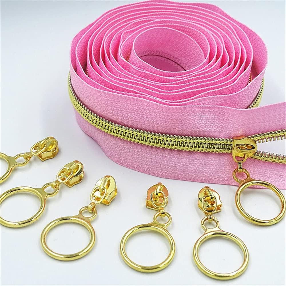 #5 Golden Nylon Coil Zippers by The Yard Bulk 10 Yards Pink Tape with 20pcs Golden Sliders for DIY Sewing Tailor Craft Bag (Pink-Golden)