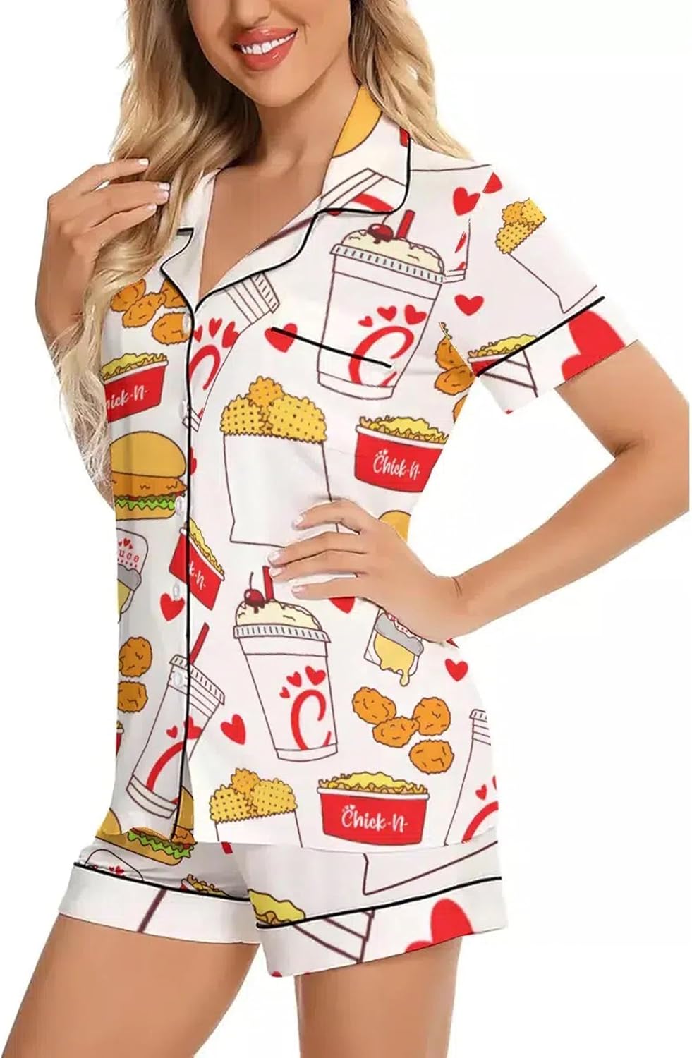 Chicken Nuggets Satin Pajamas Set for Women Y2k 2 Piece Short Sleeve Shirts Matching Pj Shorts Set Multi