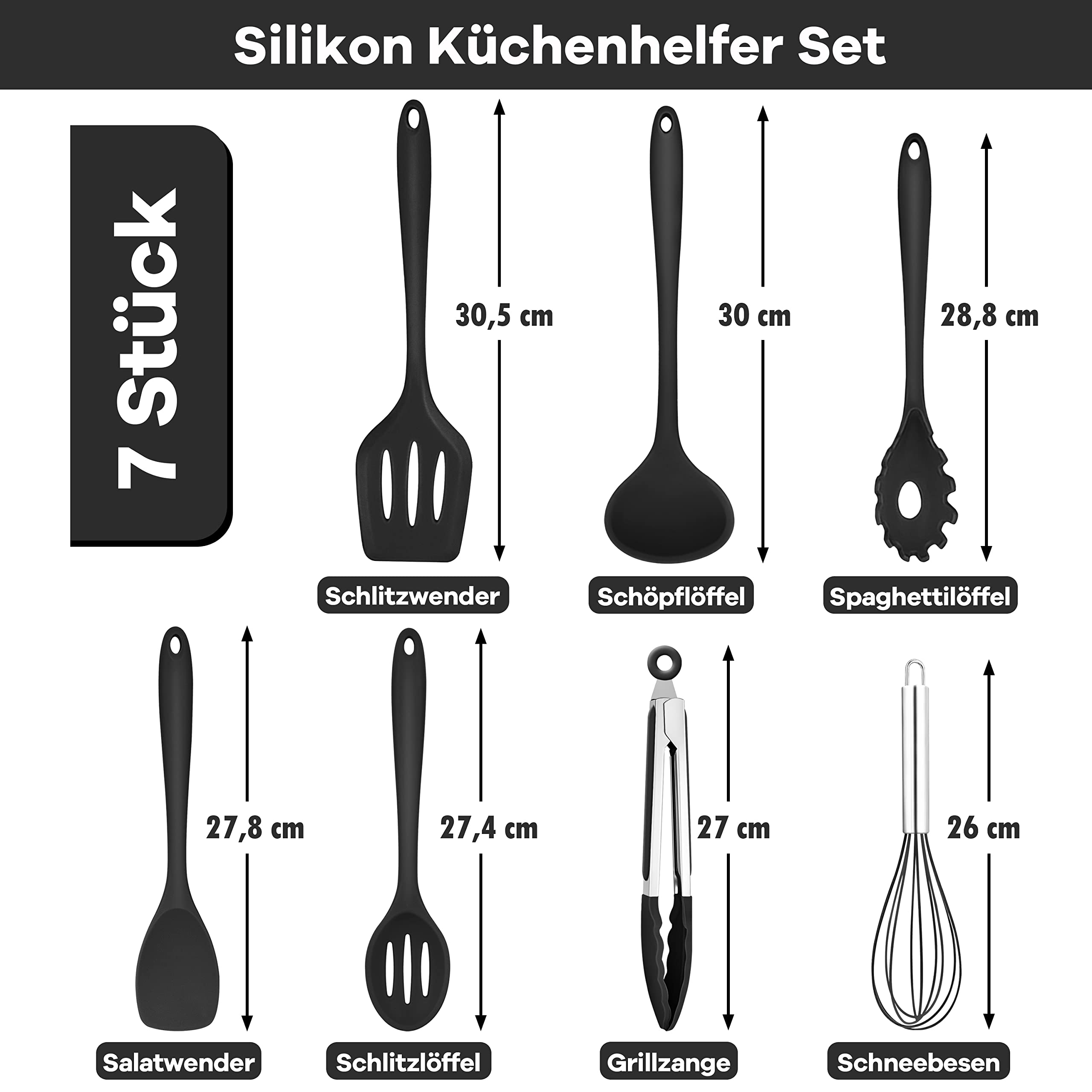 Homikit Küchenhelfer Set, 7 Stück Schwarz Silikon Küchenutensilien Kochbesteck Set, Antihaft Hitzebeständiger Kochutensilien mit Pfannenwender zum Kochen, Backen, Gesund/Spülmaschinenfest