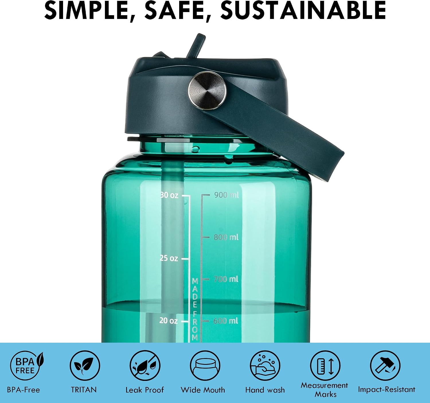 OLDLEY 32oz Water Bottle with Straw,Leakproof Tritan Clear Bottle with Marked Bottle and Carry Handle, BPA-Free Wide Mouth Reusable Sports Water Bottle for Gym,Hiking, Camping, Travel, Workout,Lagoon image 5