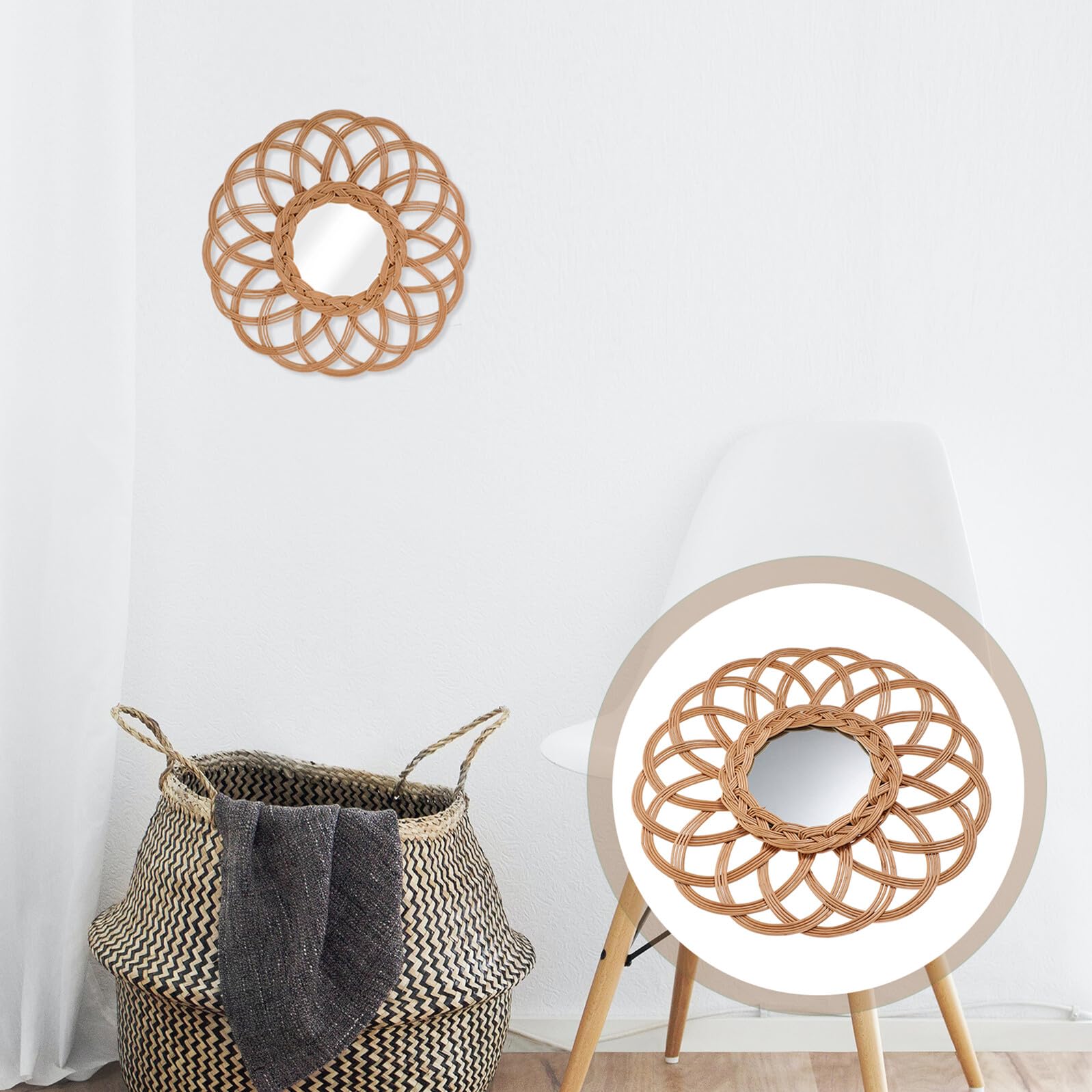 Miroir mural en osier tissé – Décoration chic à suspendre pour salon, chambre d'enfant, chambre à coucher – Accent décoratif rond élégant