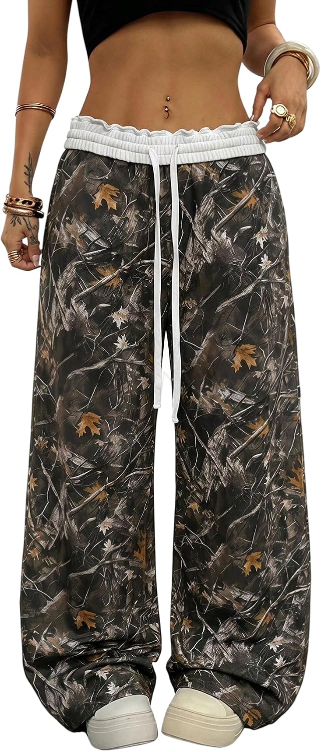 SOLY HUX Women's Camo Pants Wide Leg Baggy Sweatpants Elastic Waist Drawstring Loose Pants Trendy Y2K Drawstring Trousers