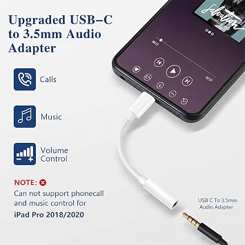 USB-C to 3.5mm Audio Headphone Adapter: 2 Pack Type C Aux Dongle Cable Cord