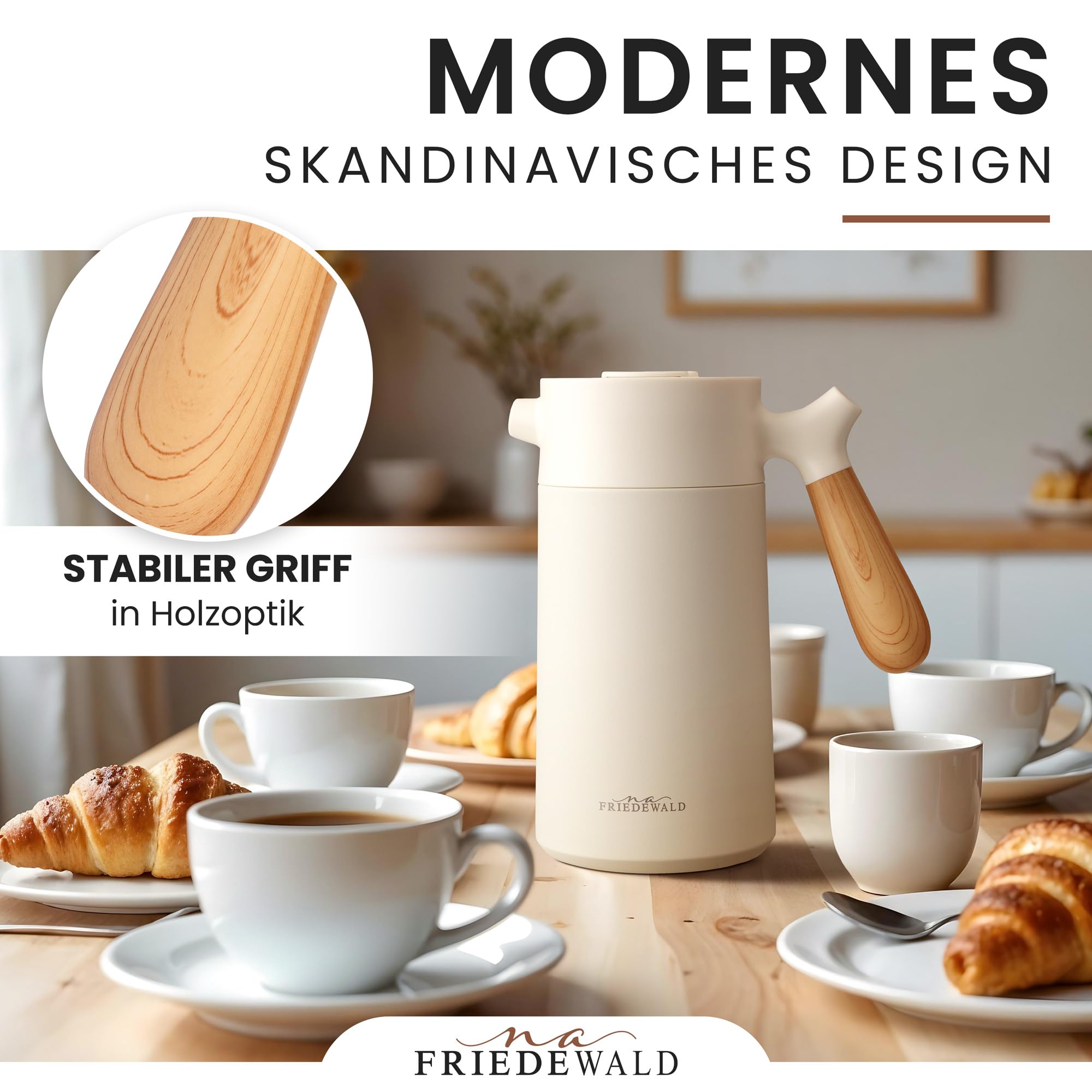 Friedewald® Thermo French Press - für Kaffee & Tee - 1L/8 Tassen - für Camping und Zuhause - doppelwandig isoliert - Französische Kaffeepresse - Österreichischer Edelstahl - 8h Thermo (Creme-Beige)