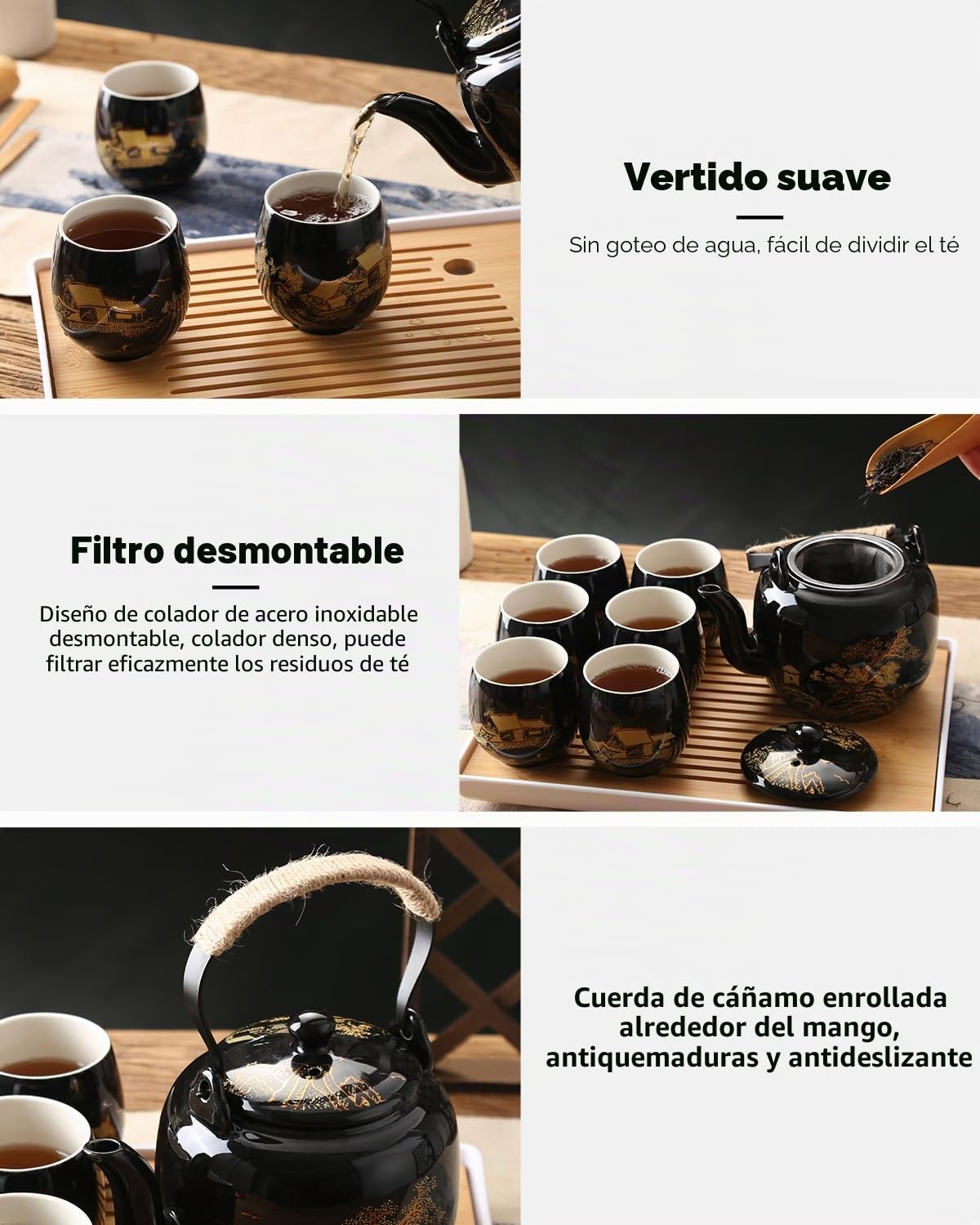 DUJUST Juego de Té Japonés, Juego de Té Chino de Porcelana Negra con 1 Tetera, 6 Tazas de Té, 1 Bandeja, 1 Infusor, Hermoso Juego de Té Asiático para Amantes del Té (Campo en Dorado)