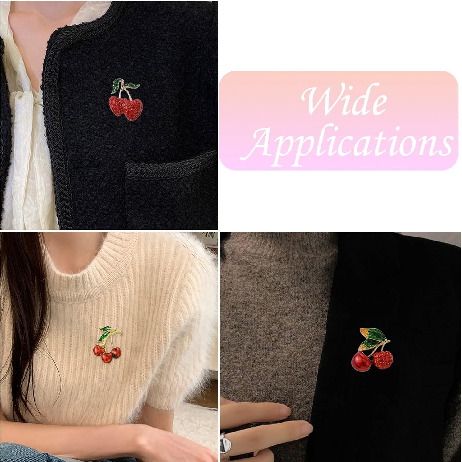 KitBeads 6Pcs 6 Styles Red Cherry Brooches 3D Fruit Badge Pins with Rhinestone for Backpack Clothes Hat Birthday Jewelry
