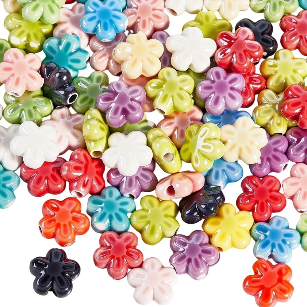1 Box 80PCS Mixed Color Flower Shaped Porcelain Ceramic Beads with 1.6MM Holes Flowers Colorful Floral Charms Spacer Loose Bead for Jewelry Making Bracelets Necklaces Adult Diy Craft Supply