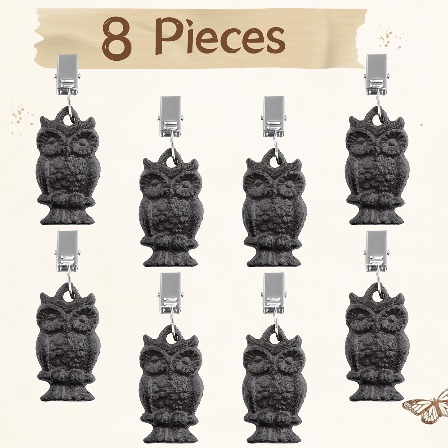 Black Cast Iron Antique Owl Tablecloth Weights Clip on Set of 8, Heavy Duty Vintage Pendant Tablecloth Weights Kit, Flag Weights Clips for Outdoor Garden Party Picnic Tablecloths