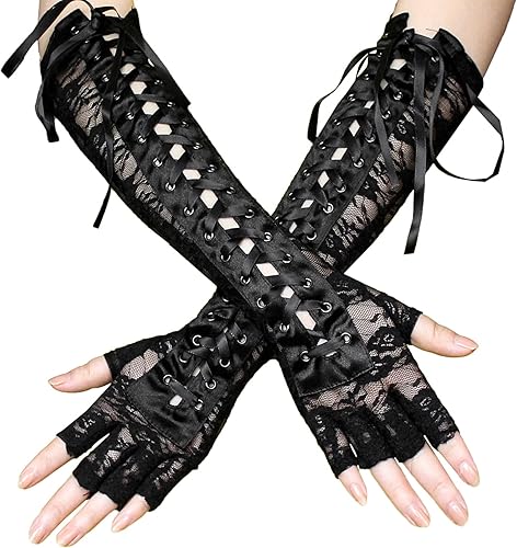 Luwint Black Long Lace Gloves for Women, Fingerless Elbow Length Adjustable Lace