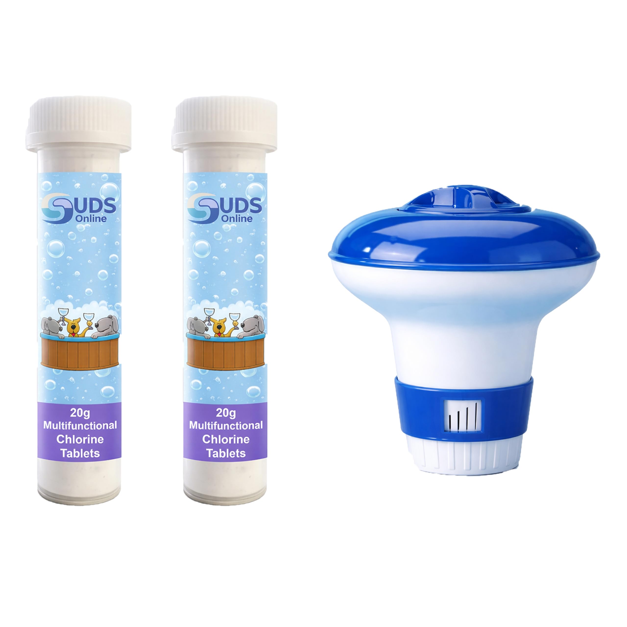 SUDS-ONLINE 20 x Multifunctional Chlorine Tablets + Floating Dispenser