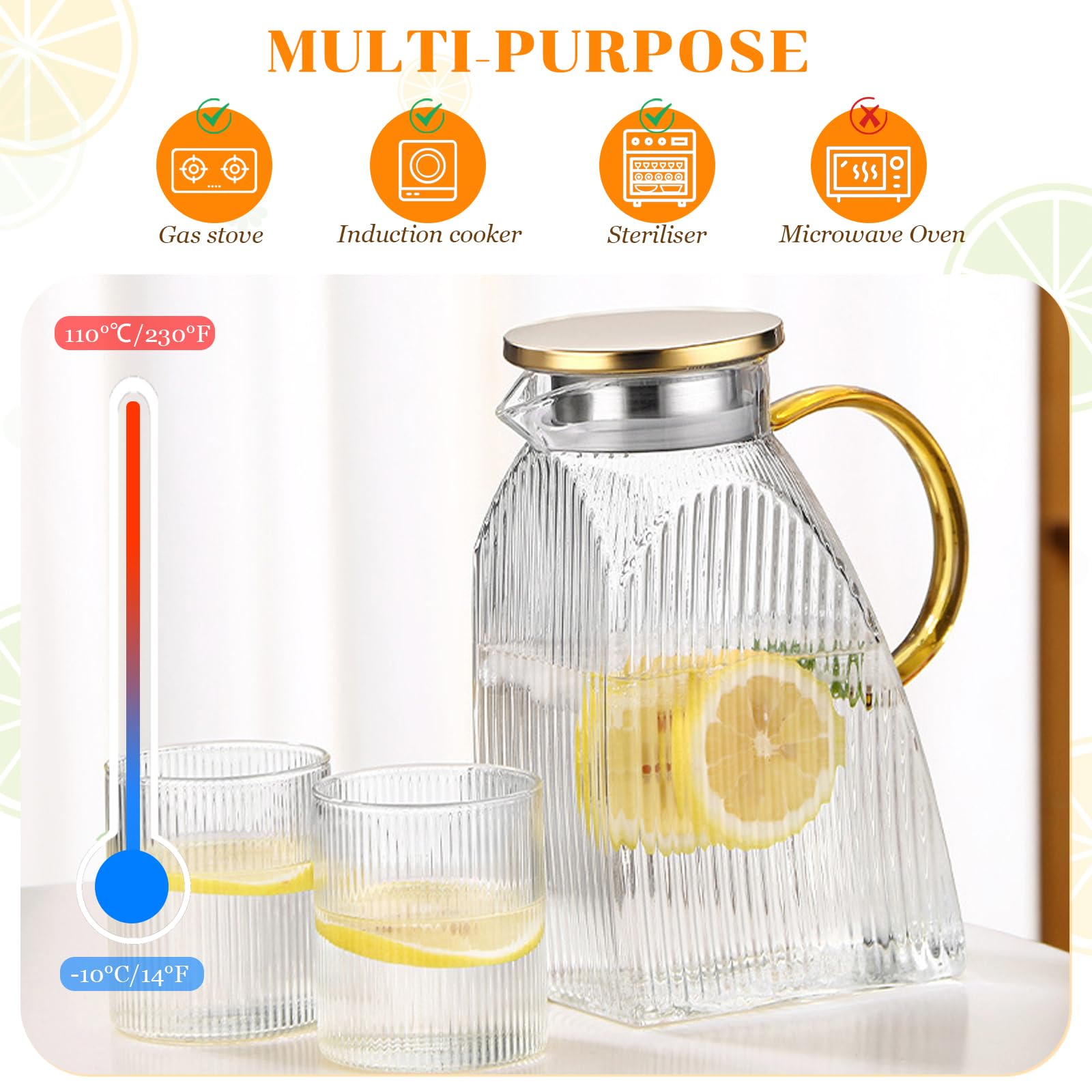 Pichet à Eau en Verre Borosilicate 1,8 L avec Couvercle et Anse, Carafe pour Boissons Chaudes & Froides