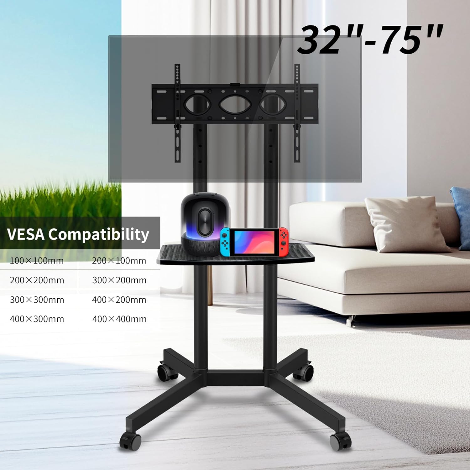Solid Grace Rolling TV Stand with Wheels for 32-75 Inch TVs up to 88lbs, Portable TV Stand with Shelf, Mobile TV Cart for Living Room, Office, Meeting Room, Outdoor