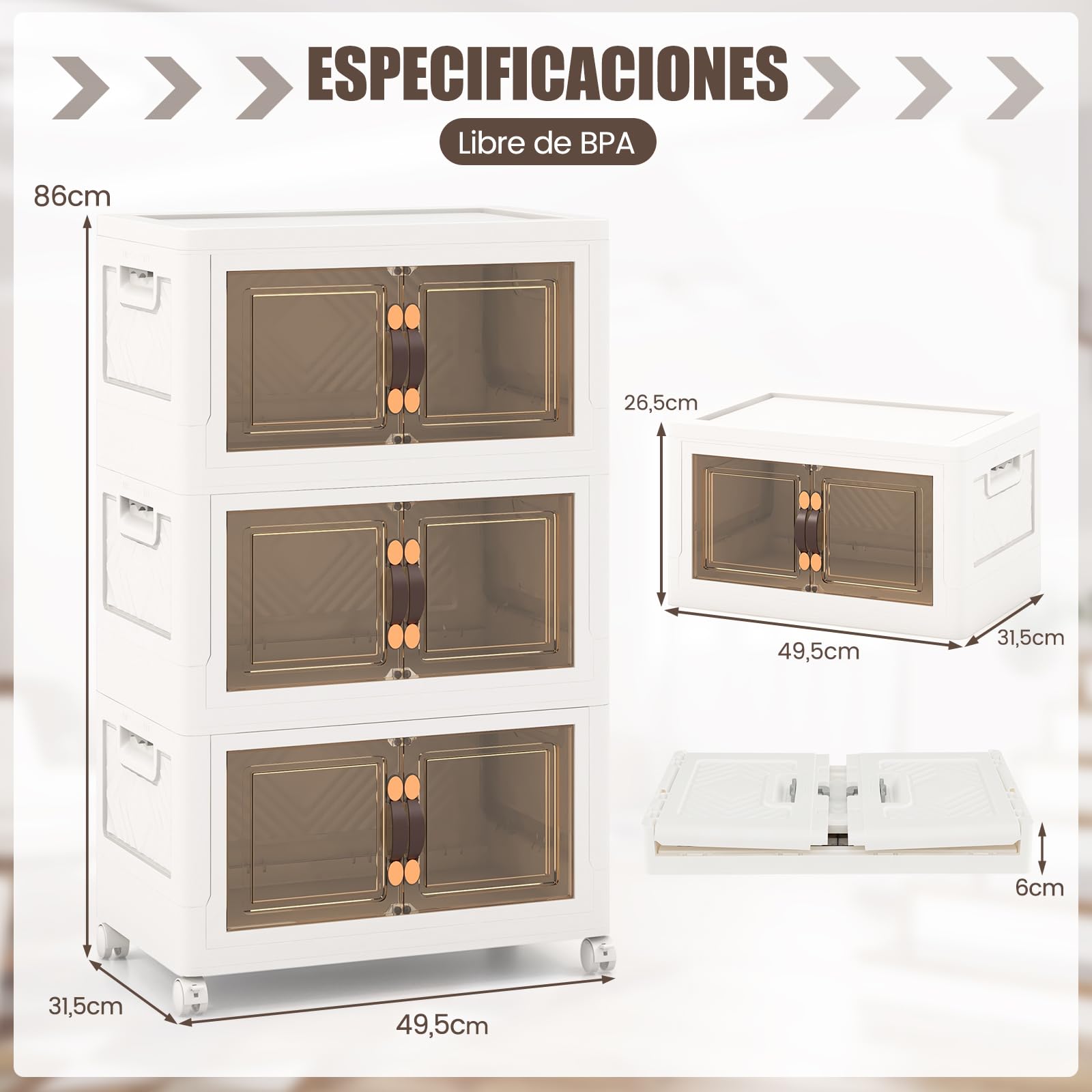 COSTWAY Cajas Almacenaje 105L, Juego de 3 Cajas Organizadoras Plastico con Ruedas Bloqueables, Baul Almacenaje Dormitorio con Tapas Plegables de PP, Cajas Plastico Transparente Apilable con Puertas