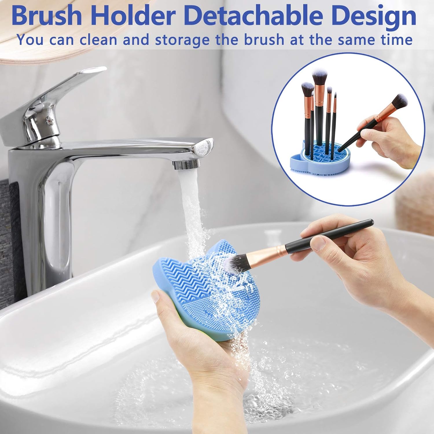 TailaiMei 2 in 1 Makeup Brush Cleaning Mat with Brush Drying Holder, Silicon Cat Shaped Brush Cleaner Pad include Cosmetic Brush Organizer Rack, Portable Washing Tool for Makeup (Blue) : Beauty & Personal Care
