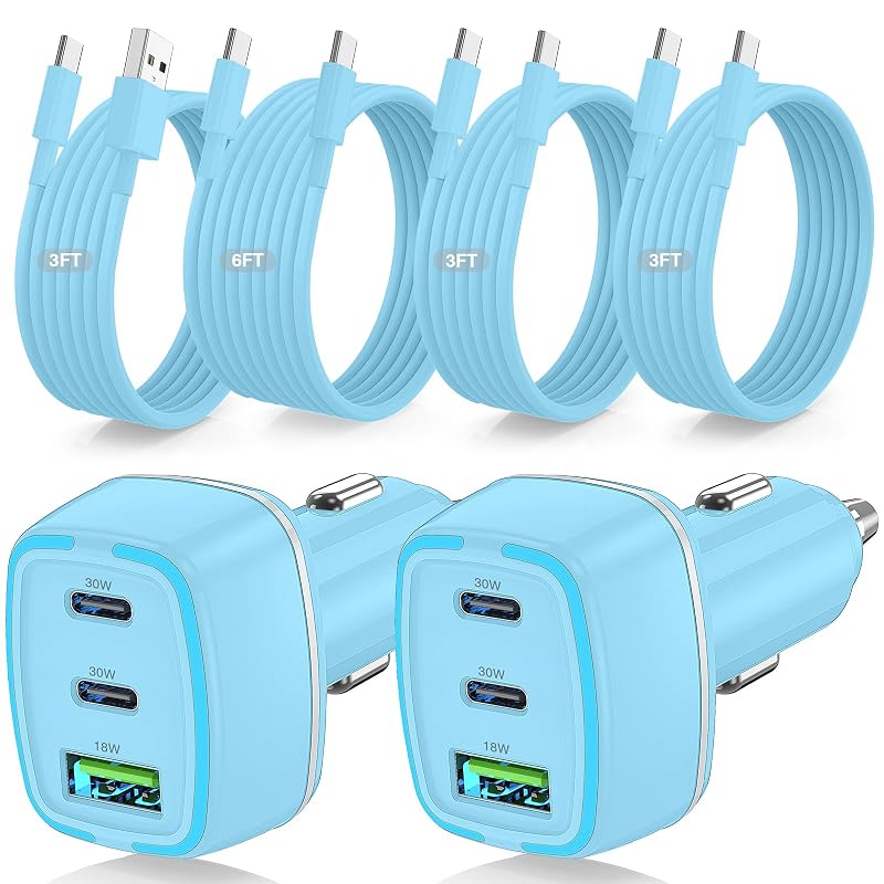 Carregador veicular USB-C QZVOO 75 W com 3 portas, PD3.0 e QC3.0, azul, com cabos