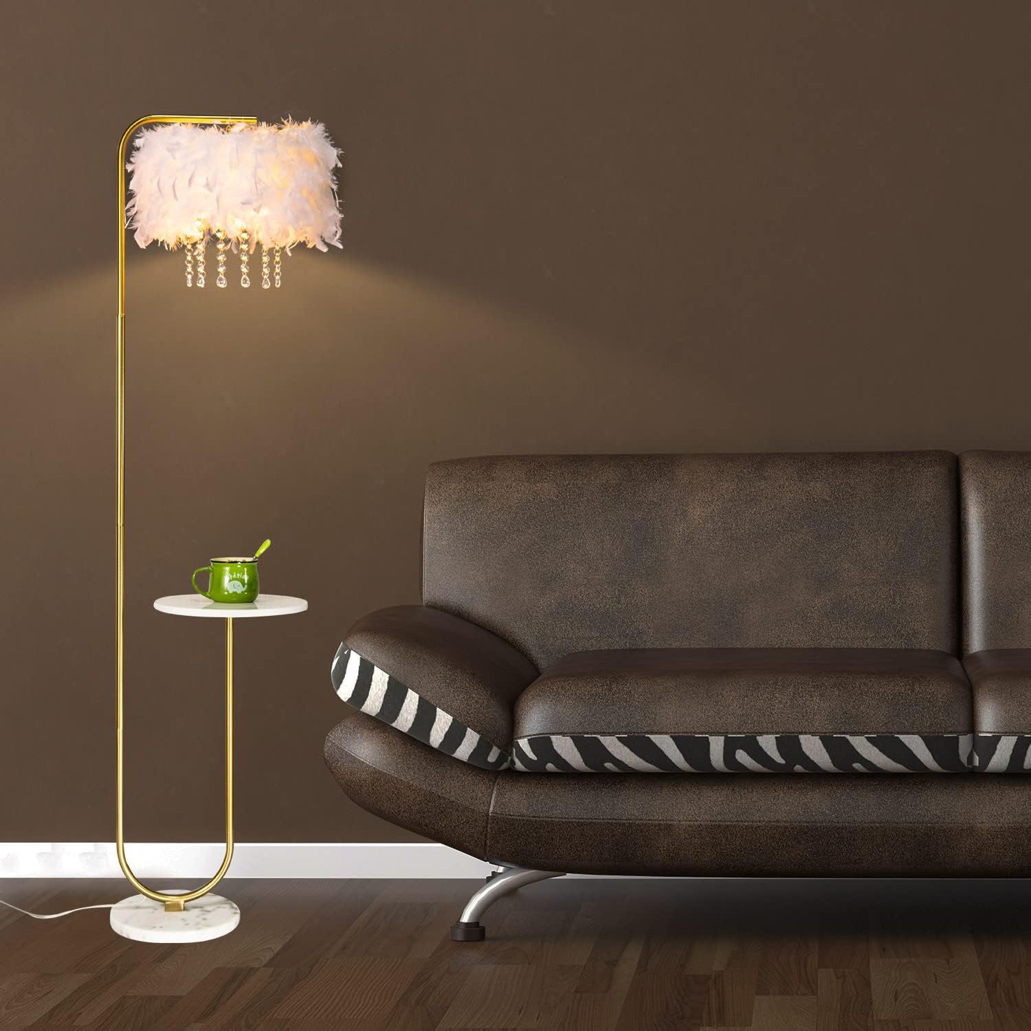beaysyty Unique Led White Feather Floor Lamp with Tray,Ostrich Feather Stand Lamp,Living Room Bedroom Office Shop Window Decoration Lamp,Foot Switch and Brass/Gold Finish Arc Floor Lamp
