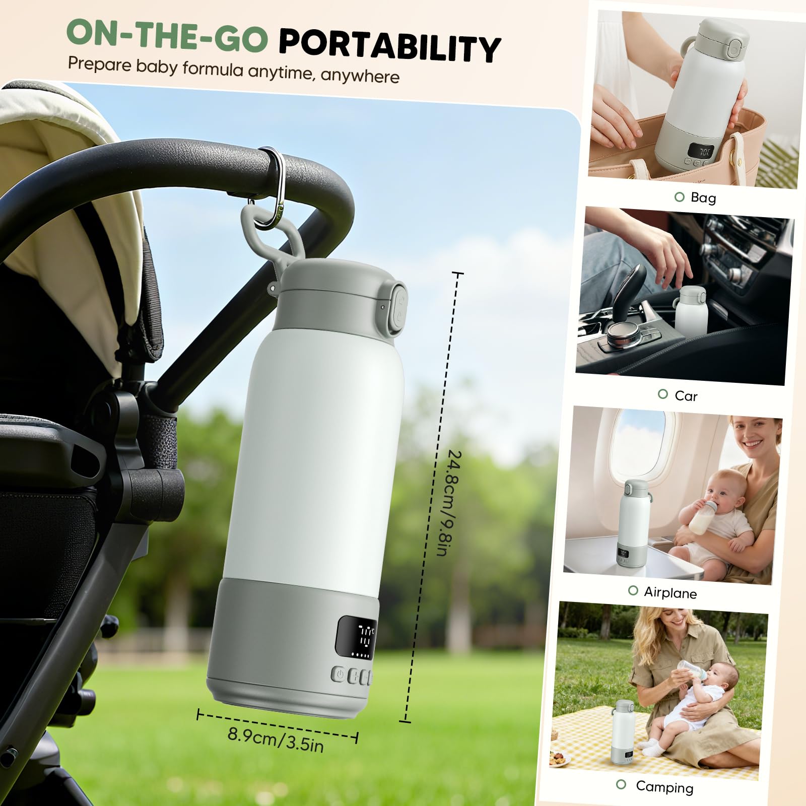 Tragbarer Flaschenwärmer Baby für Unterwegs mit Schnellladestecker - 500 ml Kapazität+ 3 Temperaturstufen - Babyflaschenwärmer für Muttermilch & Pre Nahrung | Schnellaufheizen in 2-3 Min