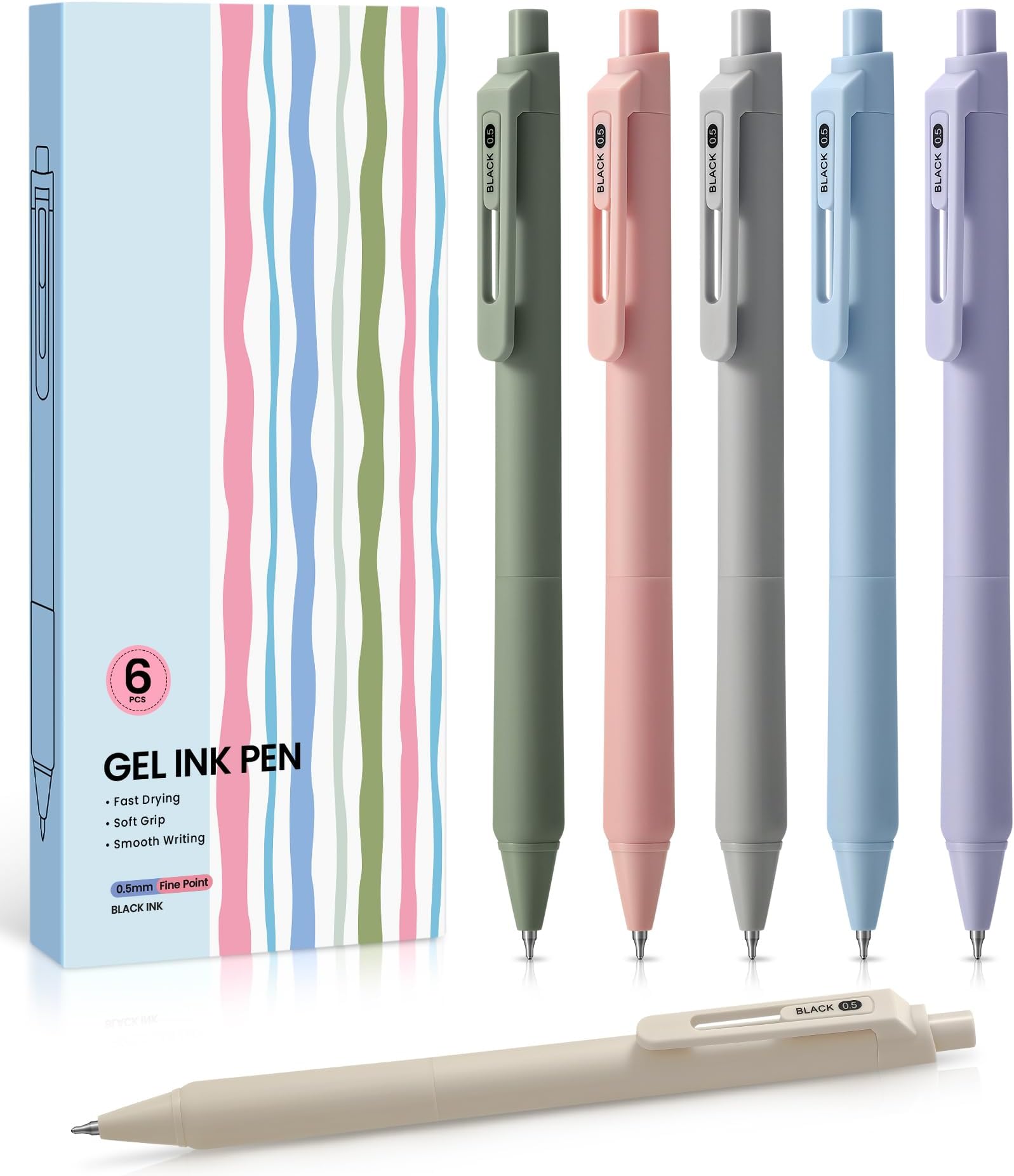 Taja Gel Pens, 6 Pcs Cute 0.5mm Fine Point Smooth Writing Pens, Quick Dry Blcak Gel Ink Pens for Journaling and Note Taking, Aesthetic Pens for Office School & Home Supplies-Pastel