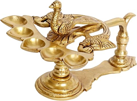 ARTVARKOTM Peacock Bird Design 5 Oil Wick Brass Panch Aarti Diya with Handle Decorative Puja Accessory, Camphor Burner lamp Aarti for Navratra, Diwali Gifts Home Decor 8 Inches.