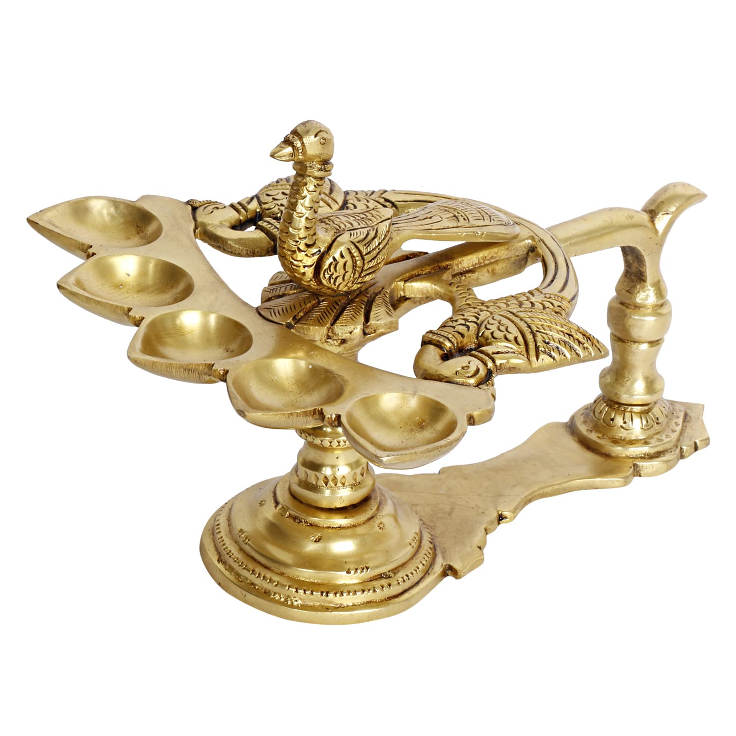 Artvarko™ Paw ptak wzór 5 olejnych knotów mosiężnych Panch Aarti Diya z uchwytem dekoracyjne akcesoria do pudży, lampa kamforowa Aarti do Navratra, Diwali Prezenty Wystrój domu 20 cm.