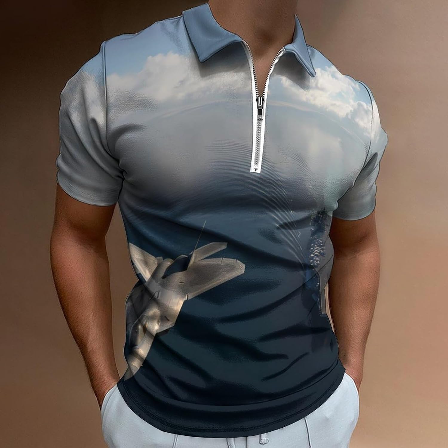 Jet Fighter Airplane Flying Flight Men's Polo Shirts Golf Short Sleeve Tops | Casual Workout,Golf T-Shirt,Zippered Tee,Collared,Print