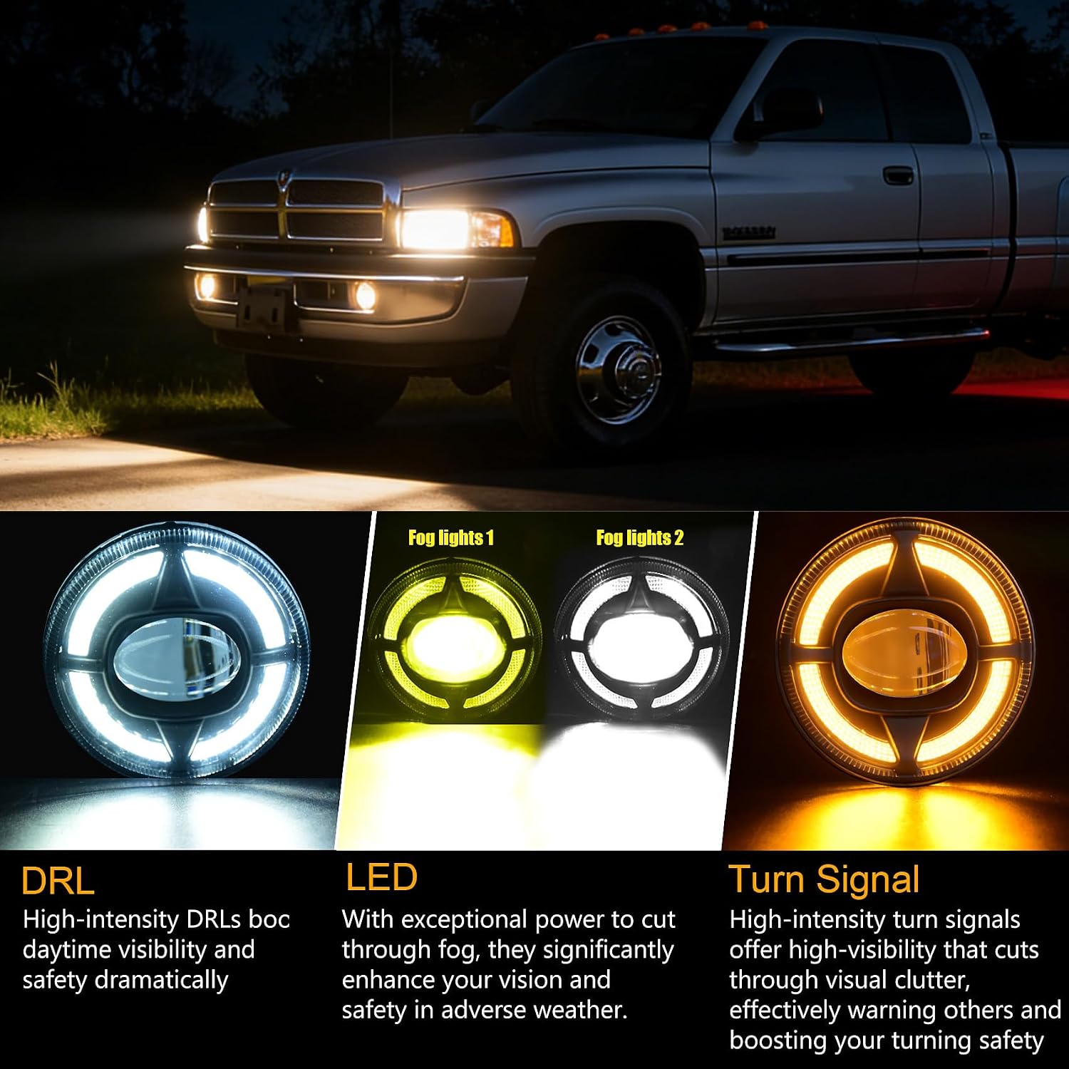 LED Fog Light Assembly with DRL Turn Signal, High Brightness Clear Front Bumper Driving Lamps Kit Compatible with 1994-2001 Dodge Ram 1500 2500 3500 DOT Approved with Bezel