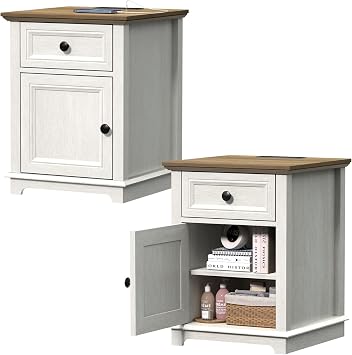REDAYFUR End Table with Fast-Charge Set of 2, Side Table with Drawer Storage and Adjustable Shelf, Charging Nightstand Set of 2, Wooden Side Table for Living Room/Bedroom/Office, White
