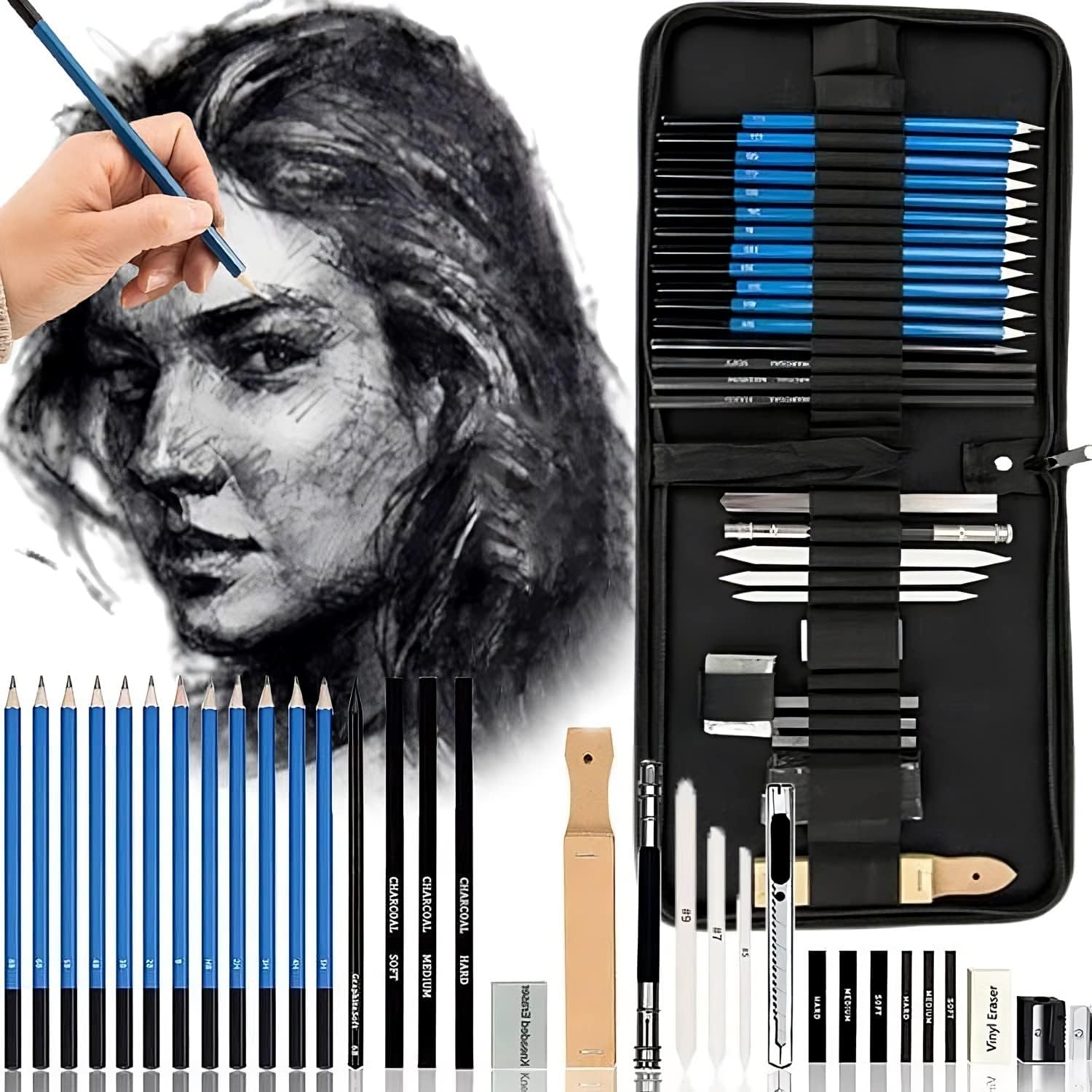 Retoo Zestaw 33 ołówków do szkicowania, ołówek grafitowy, akcesoria do rysowania, profesjonalne ołówki, szkicowanie dla początkujących, artystów, zamek błyskawiczny, walizka do noszenia dla dorosłych