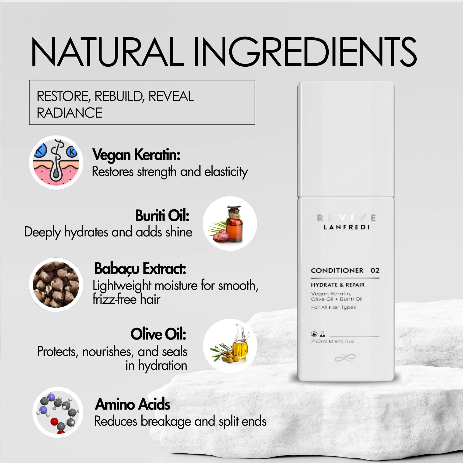 Revive Hydrating Conditioner for Dry & Color-Treated Hair, Vegan Keratin, Natural Oils, Frizz Control, Damage Repair, 8.45 fl oz