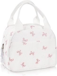 Lunch Bag for Women Insulated Lunch Box Reusable Cooler Bag Portable Cute Corduroy Leakproof Tote Bags for Travel, Work, and Picnic, Bow
