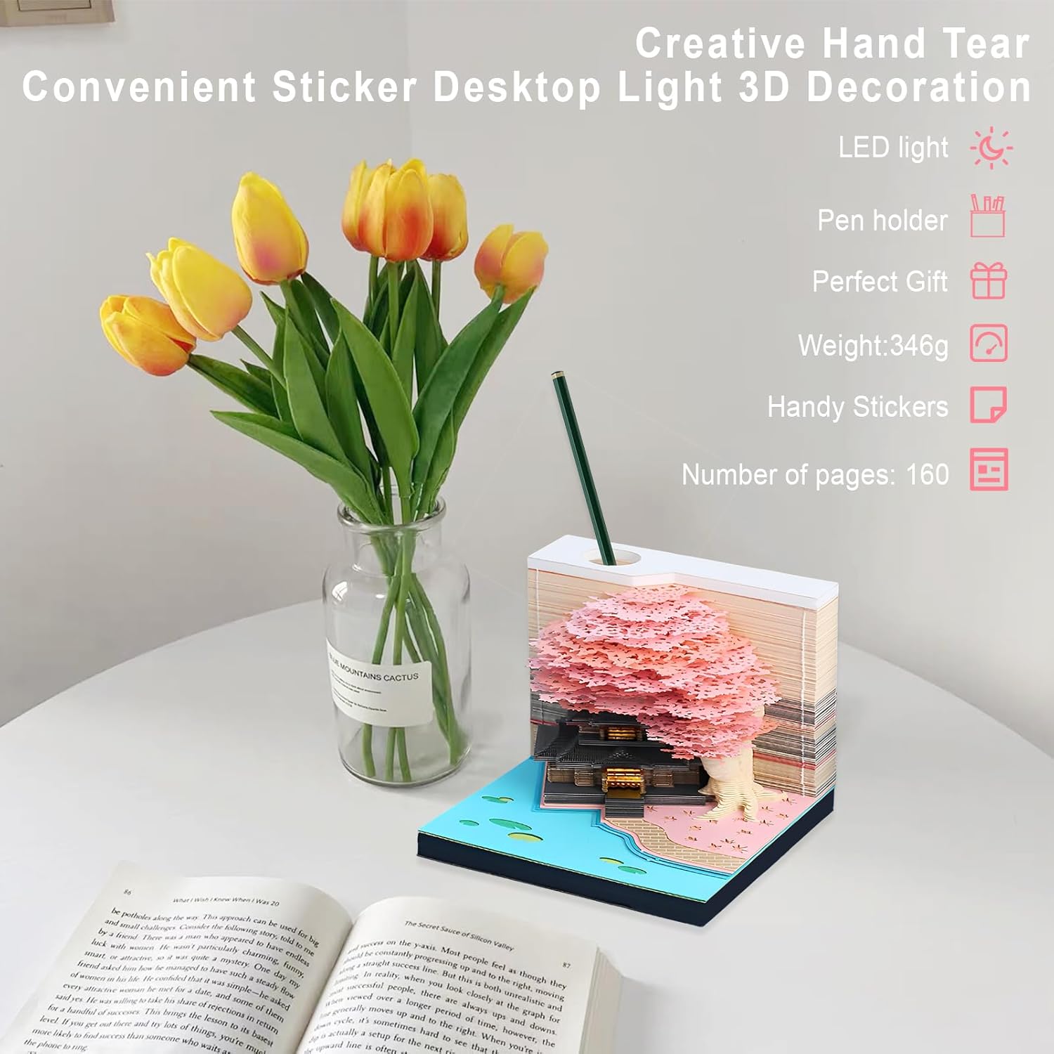 3D Art Memo Pad, Creative Stereoscopic Desk Note, LED Light Non-Sticky Notes Convenience Post Notes, Tear-Away 3D Paper Carving Art Note Pad, Temple of Heaven Sculpture Decoration Gift (Sakura Tree)
