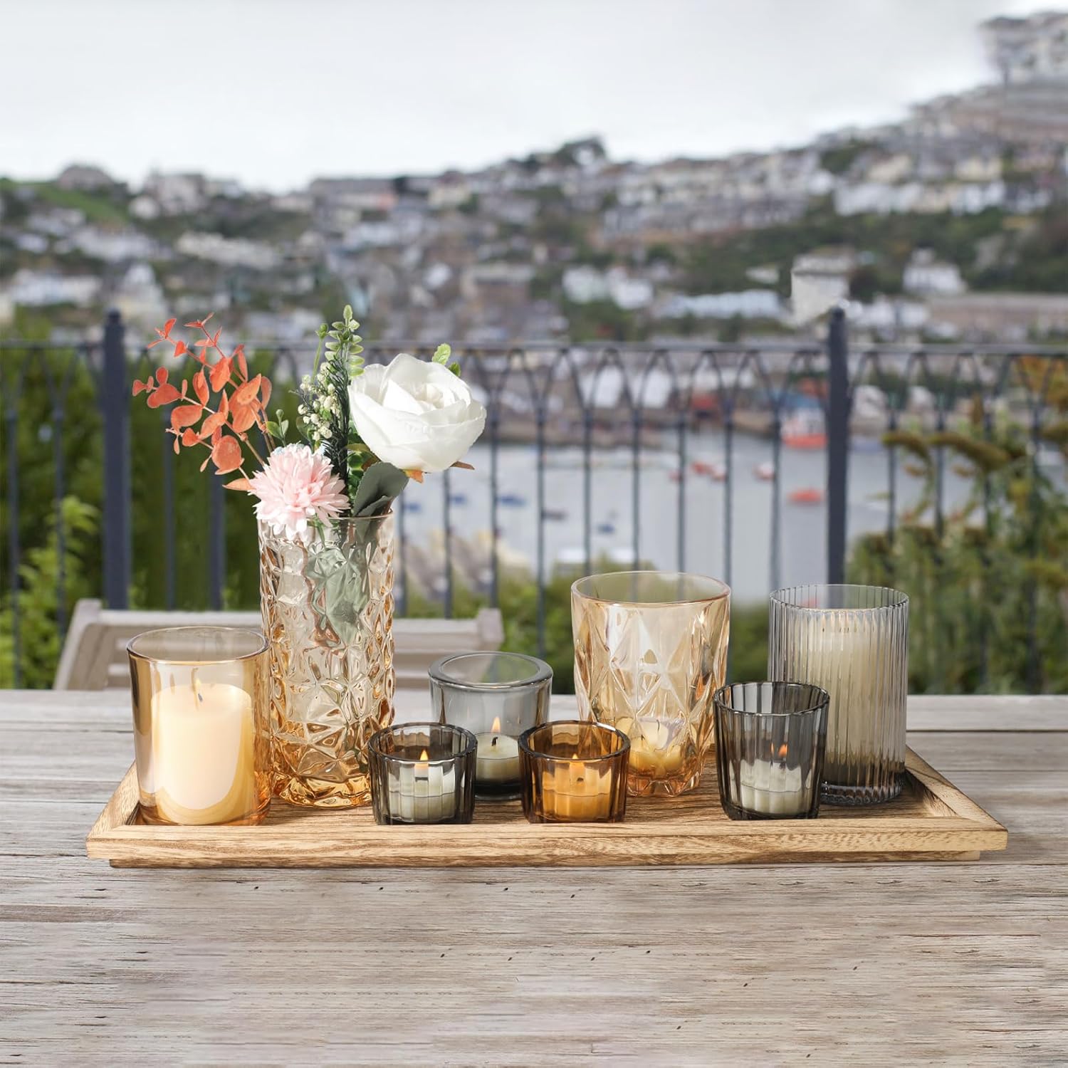 Rustic Wooden Tray with 8 Brown Glass Votive Candle Holders, Decorative Tea Light Holder Set for Mantel, Centerpiece, Dining Table Centerpiece Set, and Home Decor(Set of 8 Pieces)