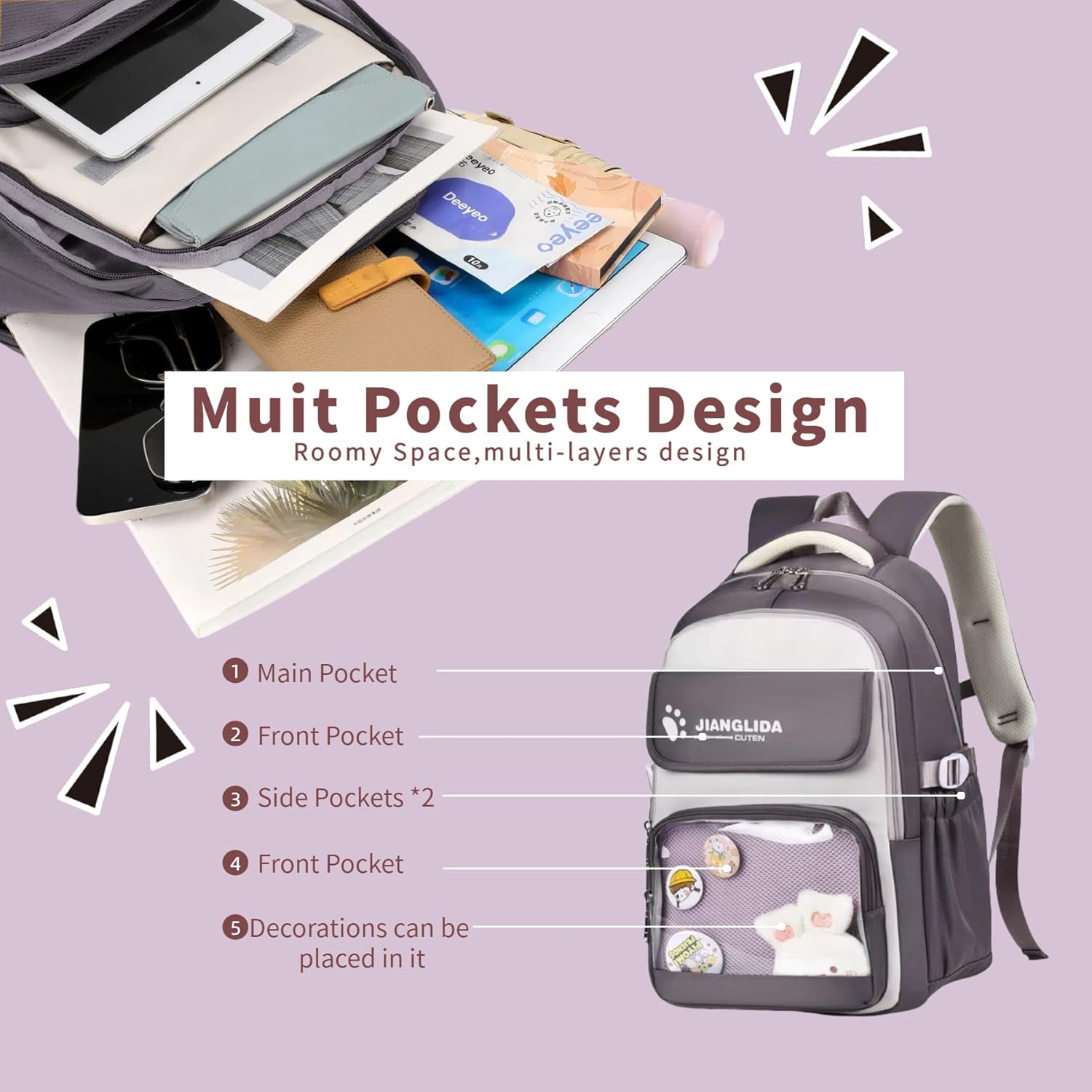 Leaper Cute Backpack for School : 18.5 inch Multi-pocket for Travel Daily - Nylon Water Resistant Anti Theft for Elementary Highschool Student - Gifts for Girls and Women（Purple）