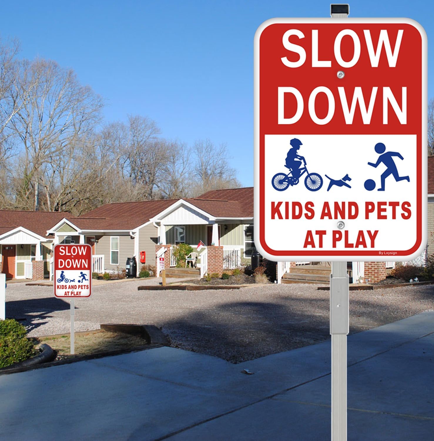 (2Pack) Slow Down Signs，Kids Playing Sign with Stake for Street - Children at Play Safety Signs with 36 Inches Metal Stakes & 14"×10" Reflective Aluminum Sign, Fade Resistant, water proof/weather proof, Easy to Install